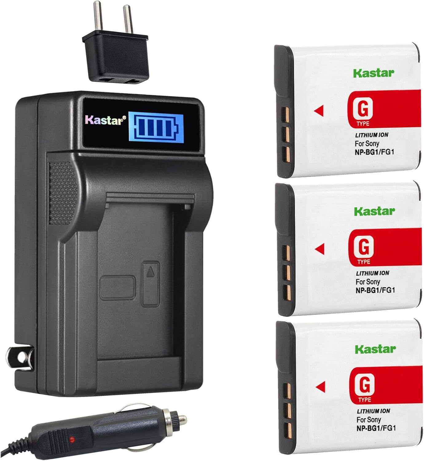 Kastar 3-Pack NP-BG1 NP-FG1 Battery and LCD AC Charger Compatible with Sony G Type Battery, Sony BC-CSG BC-CSGD BC-CSGE Charger, Sony Cyber-Shot DSC-WX1, Cyber-Shot DSC-WX10 HDR-GW55 HDR-GW77 Cameras