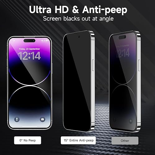 Miniatura 2 de Paquete de 3 protectores de pantalla de privacidad para iPhone 1515 Pro, protección de sensor, película de vidrio templado privado antiespía,