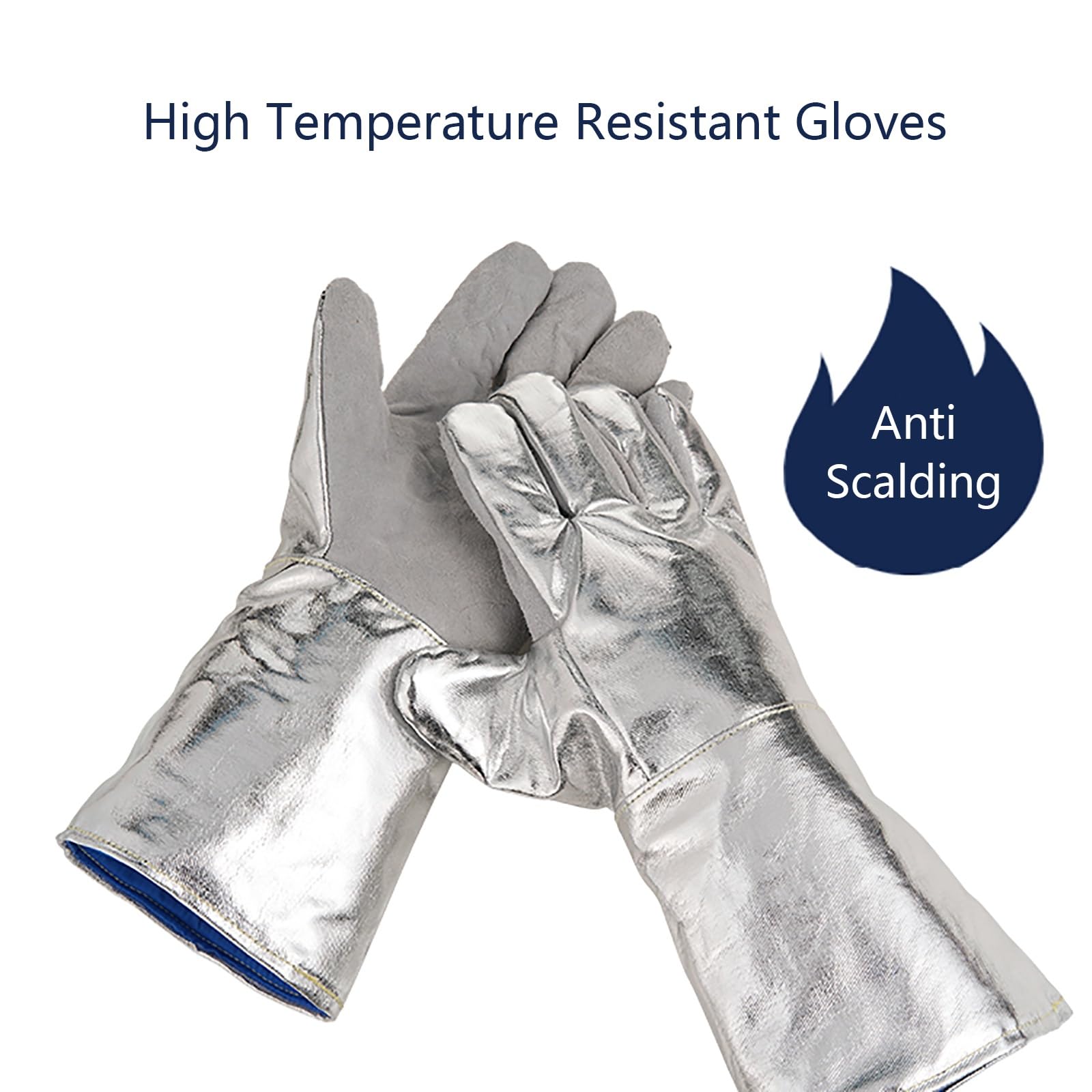 Hitzebeständige Handschuhe, Aluminium-Folien-Schweißhandschuhe mit Zwei Rinderrindenhandflächen, Handschuhe für Grill und Kamin(15in)