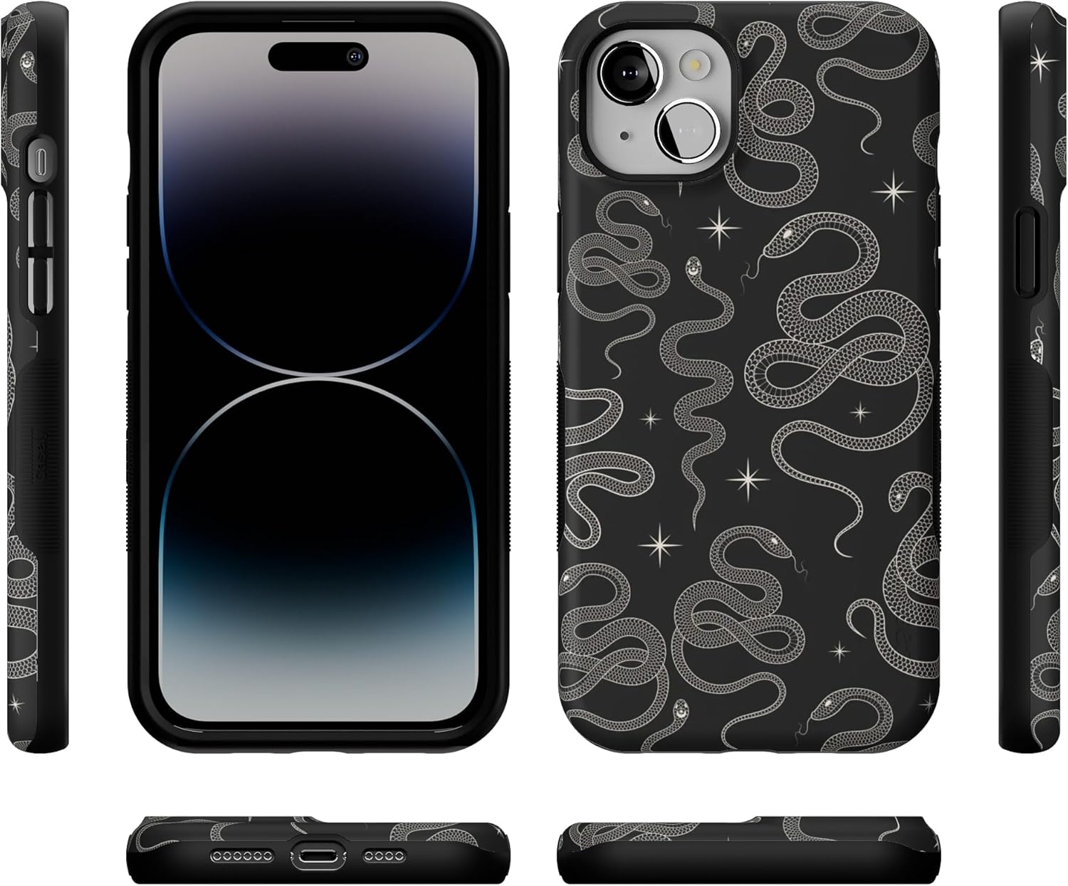 બહુવિધ views of the Casely iPhone 14 Plus Black Serpent case, showing top, bottom, and side profiles