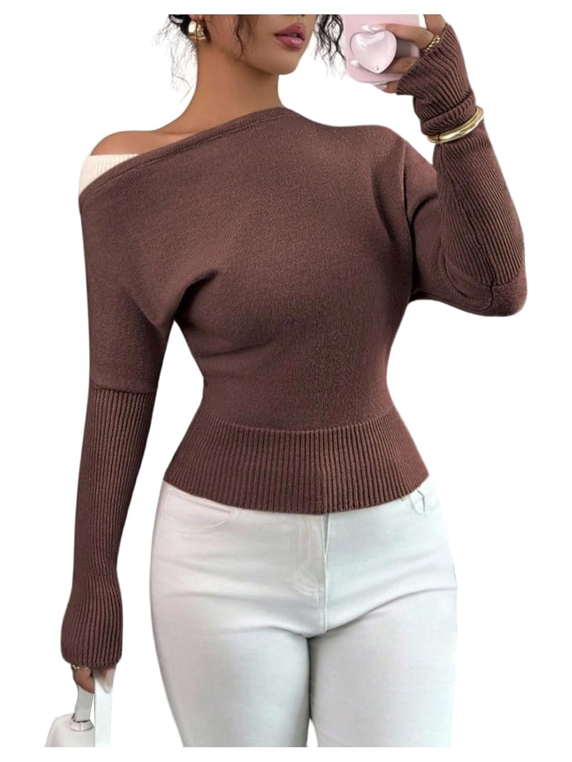 MakeMeChic Womens Elegant Retro Pullover Sweater Long Sleeve Asymmetrical Neck Knit Tops