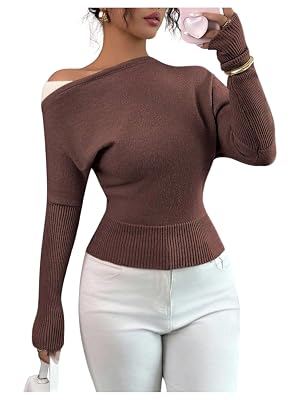 MakeMeChic Womens Elegant Retro Pullover Sweater Long Sleeve Asymmetrical Neck Knit Tops