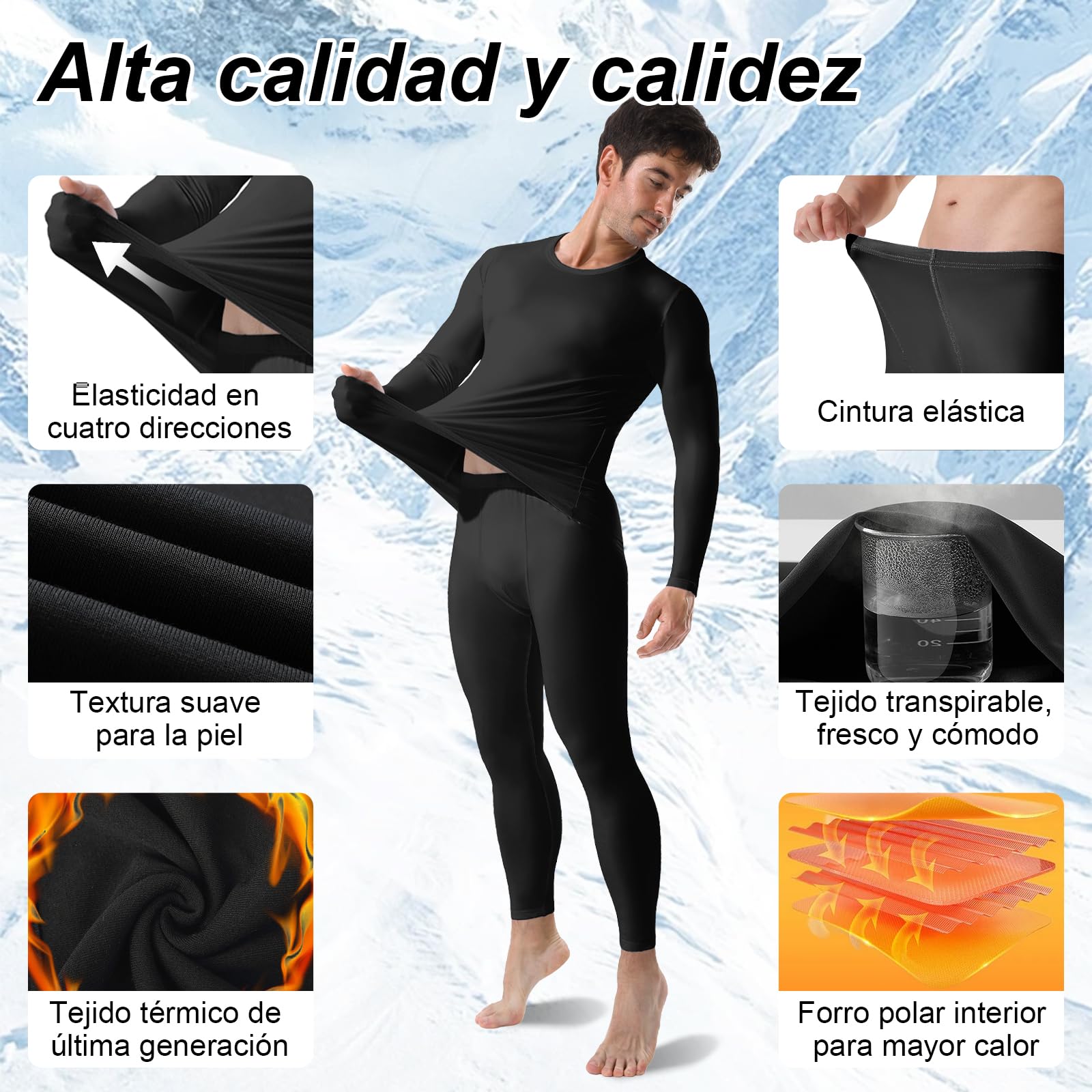 Channo Ropa Interior Térmica para Hombre: Camiseta Manga Larga y Pantalones Térmicos - Ideal para Correr y Esquiar