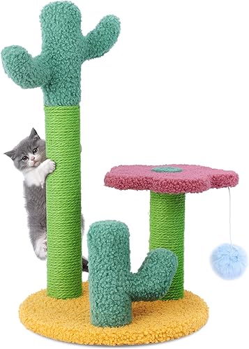 Miniatura 1 de TNELTUEB Cat Scratching Post Sisal Cactus Cat Scratcher with 3 Different Height Poles and Hanging Ball Cat Interactive Toy for Cats Indoor Climbing