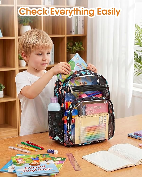 Soimeat Clear Backpack for Girls - Large Kids Clear Bookbag - Fabric & PVC Transparent Backpacks for Elementary School, Black Dinosaur by Soimeat - Used condition - Image 3