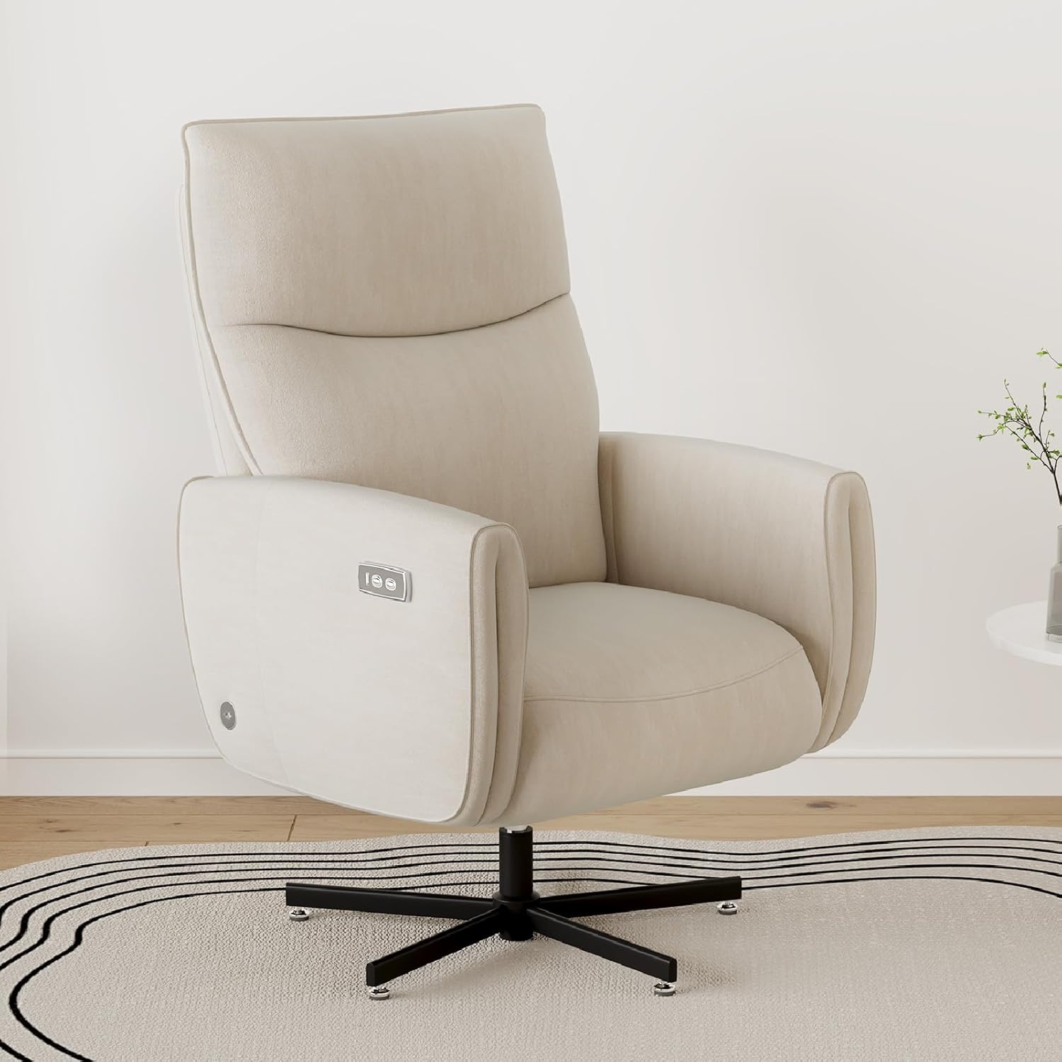 Power Swivel Recliner Chair, Modern Electric with USB & Type-C Ports, Upholstered Velvet Swivel Recliner Chair, 360° Swivel for Office & Living Room, Easy Assembly (Beige)