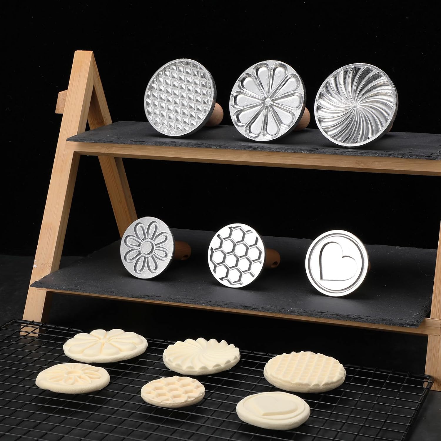 Tioncy 6 Pcs Cookie Stamps for Baking Metal Press with Wooden Handle Cookie Maker Decorating Supplies for Christmas thanksgiving DIY Baking Cake Pastry