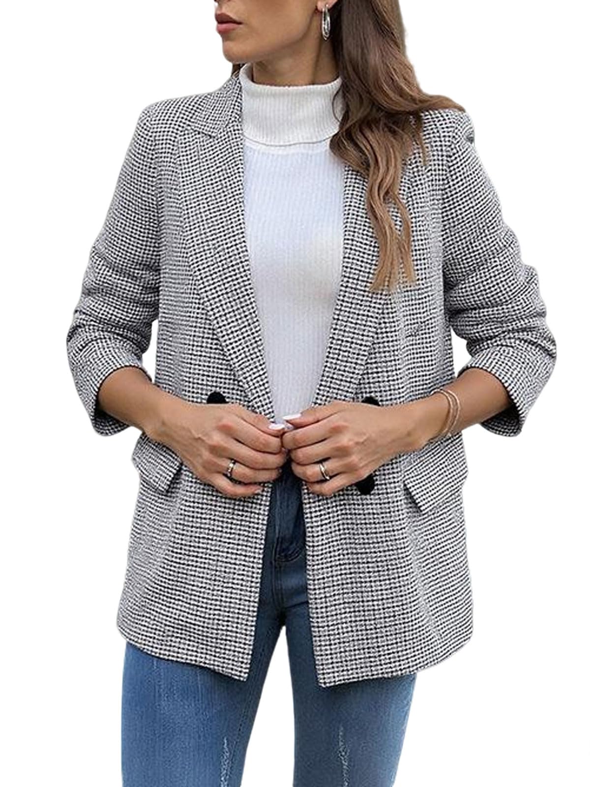 utcoco Womens Houndstooth Blazer Double Breasted Long Sleeve Open Front Cardigan Office Plaid Suit Jacket
