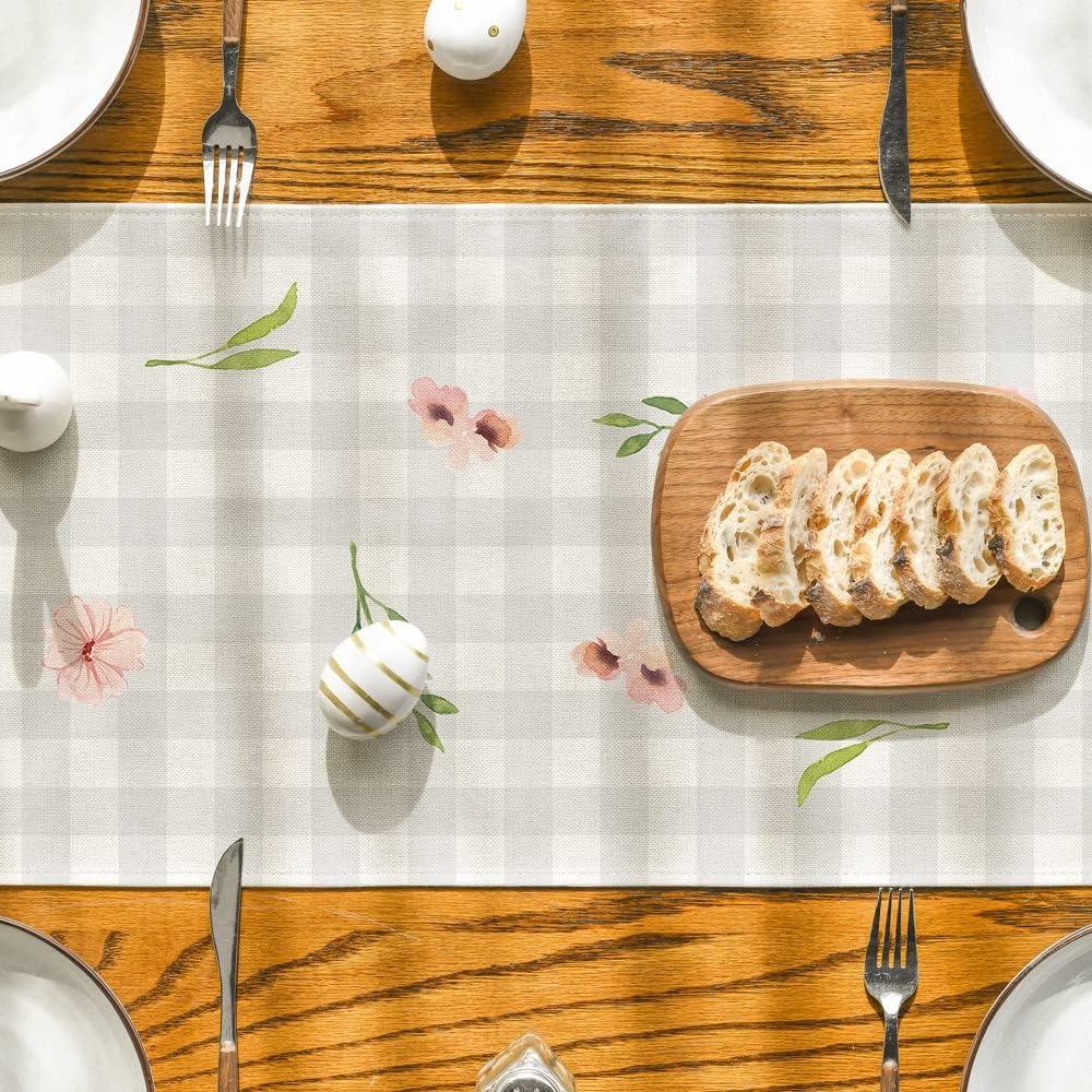Artoid Mode Buffalo Plaid Bunny Rabbit Ears Flower Easter Table Runner, Spring Summer Seasonal Holiday Kitchen Dining Table Decoration for Indoor Outdoor Home Party Decor 13 x 48 Inch : Home & Kitchen