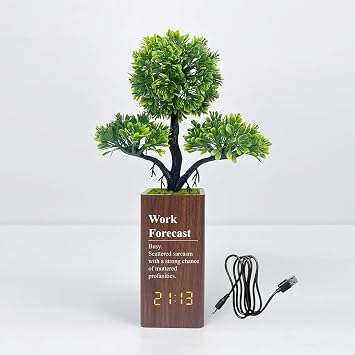 Fake Bonsai Plant Digital Alarm Clock with LED Display | Creative Funny Voice Control Wake-Up, 3 Brightness Levels, Wood-Finish Pot -Gift for Colleagues Friends