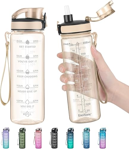 Enerbone Botella de Agua, A Prueba de Fugas Sin BPA y Tóxicos, Botella de Agua Motivacional con Horarios para Beber y Pajita, Botella de Agua