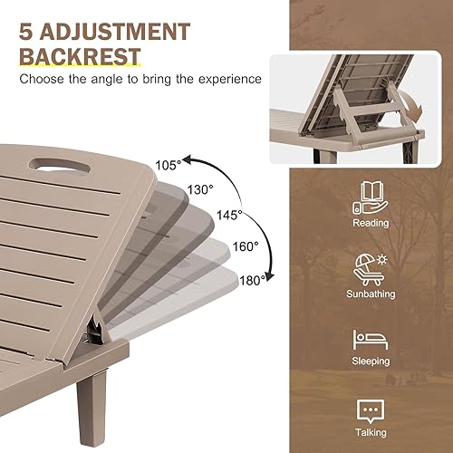 Miniatura 4 de CDCASA Juego de 2 tumbonas para exteriores, sillas de piscina con 5 posiciones ajustables y bandeja lateral, sala de descanso de resina impermeable