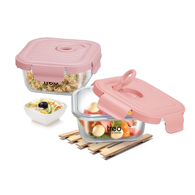 Treo by Milton Lumino Fresh Square 320 Borosilicate Glass Containers for Kitchen I Microwave Safe I Leak Proof with Air Vent Lid I 320 ml, Set of 2, Peach