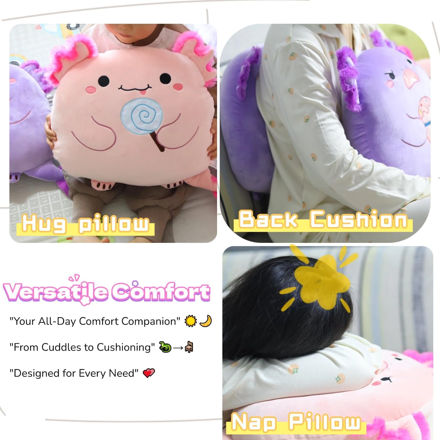 Kekeso Cute Axolotl Plush Pillow, Kawaii Axolotl Stuffed Animal Body Pillow Soft Salamander Plush Hugging Pillow for Kids Girl Boy,Pink-Lollipop