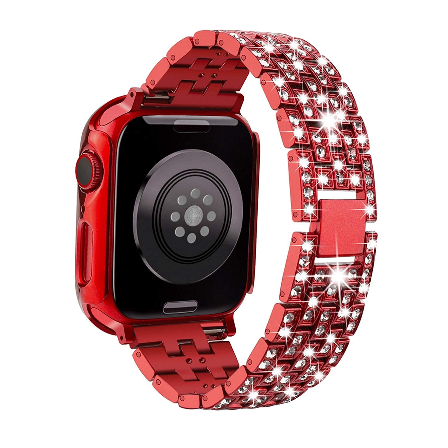 3-Pack Compatible For Apple Watch Band 38mm 40mm 41mm 42mm 44mm 45mm 46mm 49mm with Case, Bling Diamond Metal Band with Diamond Case + Screen Protective Cover For iWatch Series 10 9 SE 8 7 6 5 4 3 2 1 (Red, 41mm)
