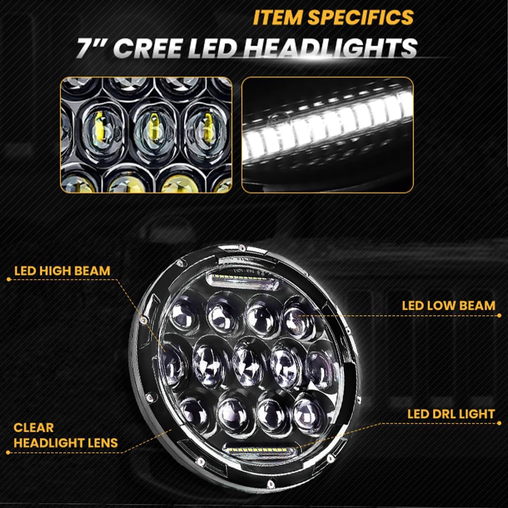 2PCS H6024 7Inch LED Headlight Round Compatible with Jeep Wrangler JK JKU CJ TJ LJ Chevy S2 Miata Ford Dodge GMC Mazda Miata Nissan Mack VW AM General Hummer H1 H2 Land Rover Defender