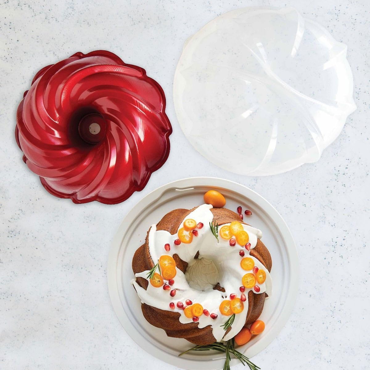 Nordic Ware Holiday Formed Swirl Bundt with Cake Keeper | Red