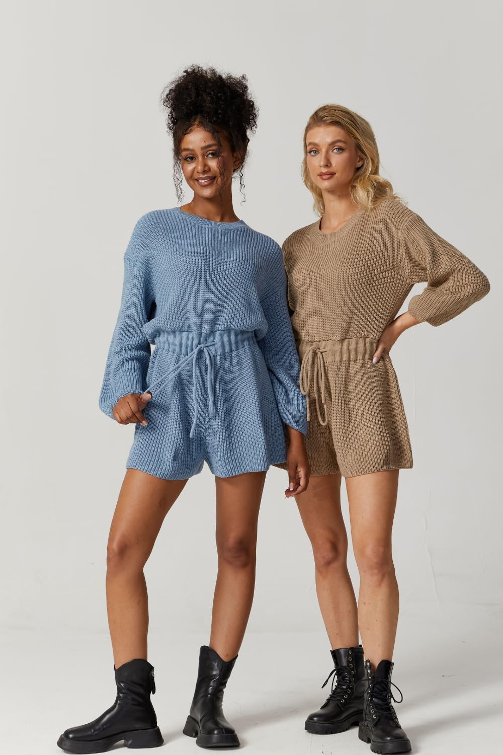 Meyeeka Knit Romper for Women Long Sleeve Wide Leg Sweater Casual Loose Drawstring Short Jumpsuit