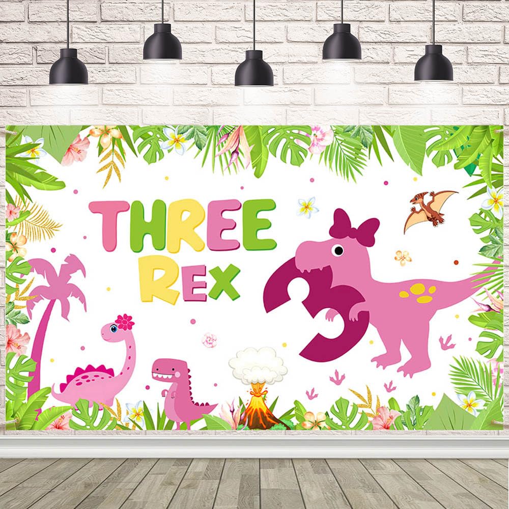 AIBIIN Dinosaur Three-rex Birthday Backdrop for Girl Happy 3rd Birthday Photography Background Greenery Jungle 3 Years Old Party Decorations Banner