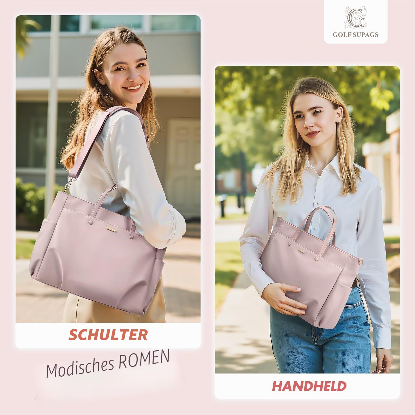 GOLF SUPAGS 14 Zoll Laptop Umhängetasche für Damen, Arbeit und Reisen (Rosa Grau)