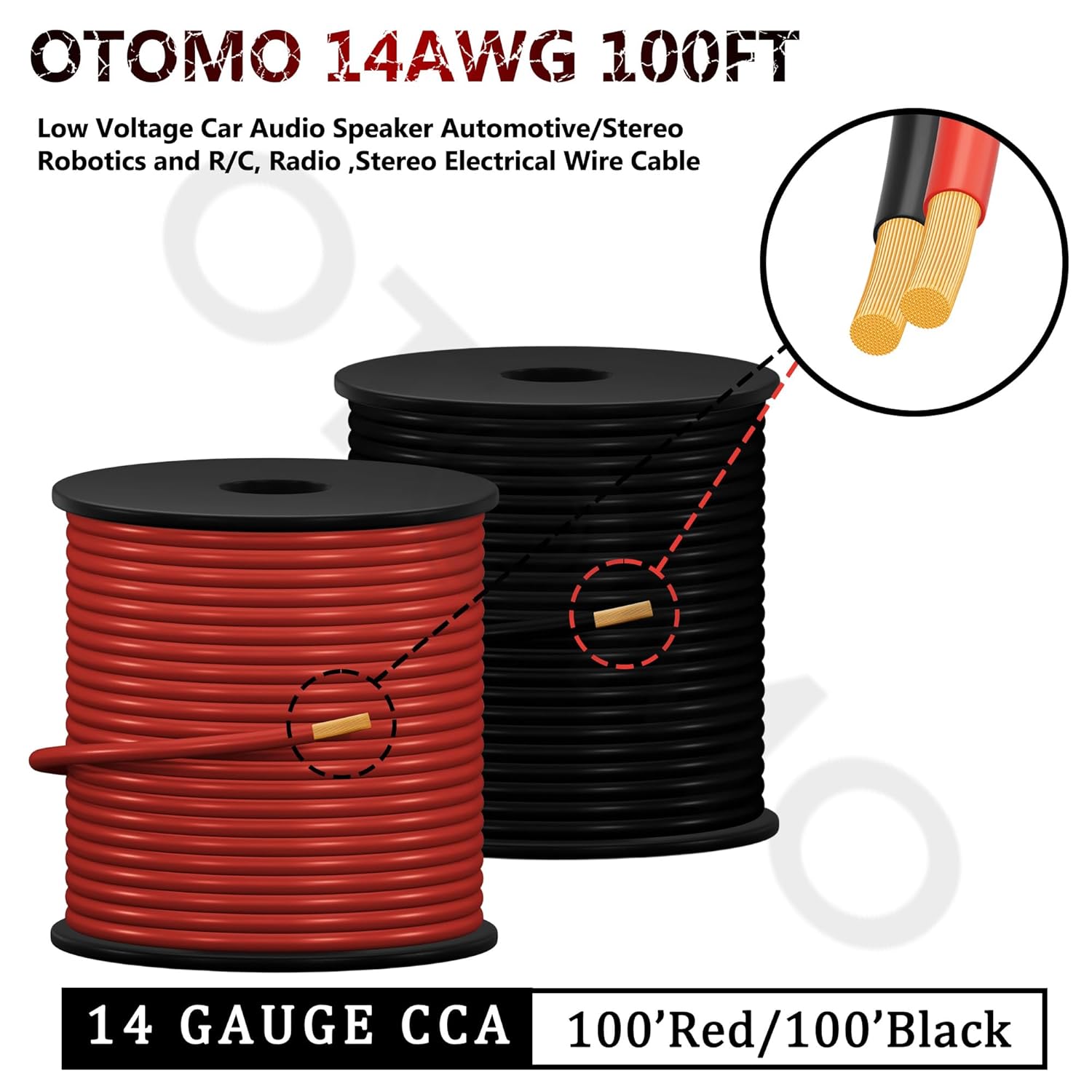 OTOMO 2 Rolls 100FT 14 Gauge CCA Automotive Primary Wire Single Conductor SAE J1128 Hook Up Electrical Wire Trailer Spool for Low Volts Towing Trailer RV Camper- Black/Red