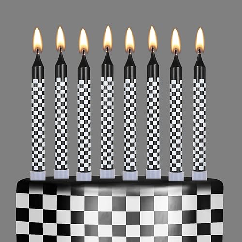 Cindeer 12 velas de cumpleaños temáticas de autos de carreras, bandera a cuadros en blanco y negro para decoración de fiestas de autos de carreras,