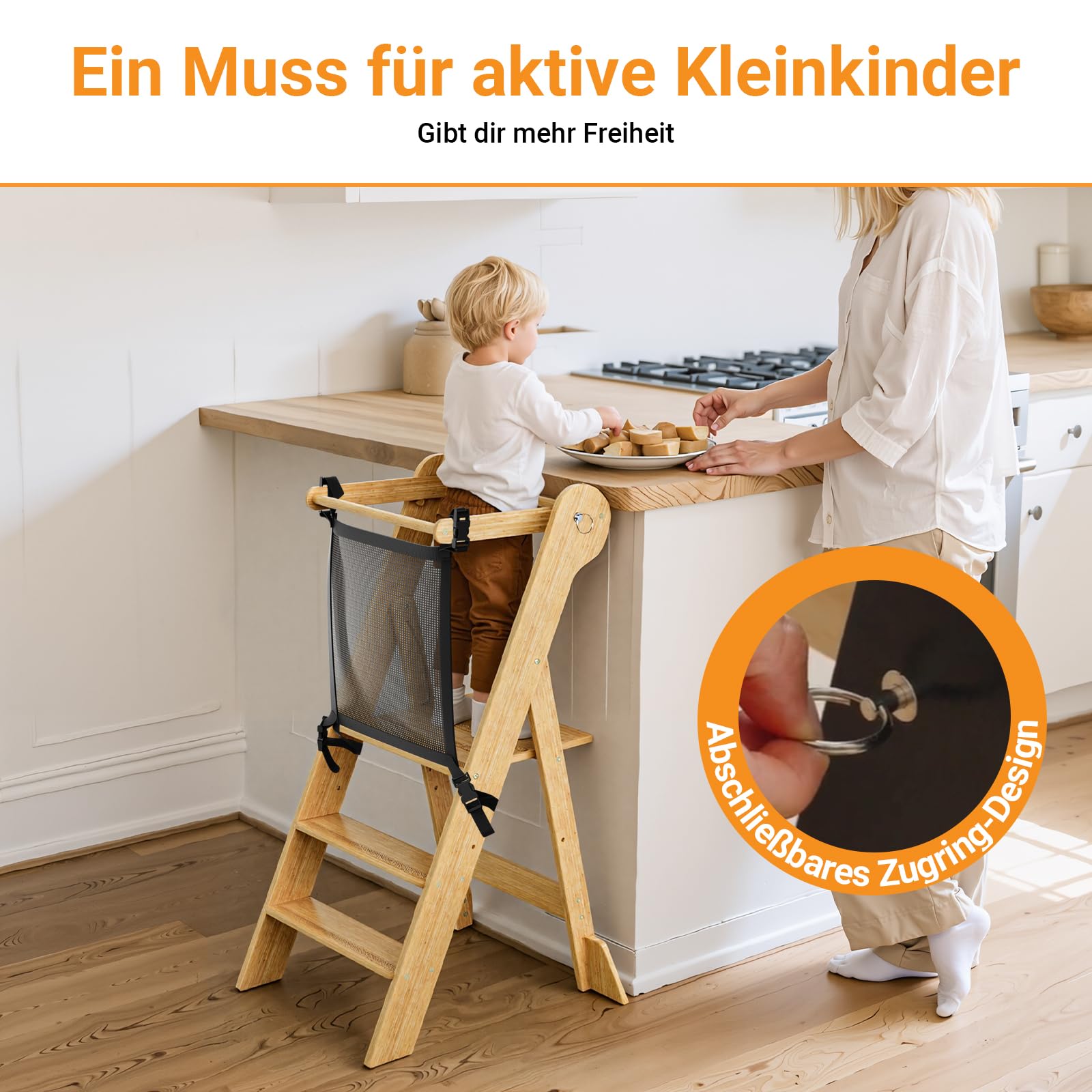 COSYLAND Montessori Lernturm ab 1 Jahr klappbar – Höhenverstellbarer Kinder Lernturm | Faltbarer Montessori Learning Tower aus Bambus | Lernstuhl Kitchen Helper - Natur