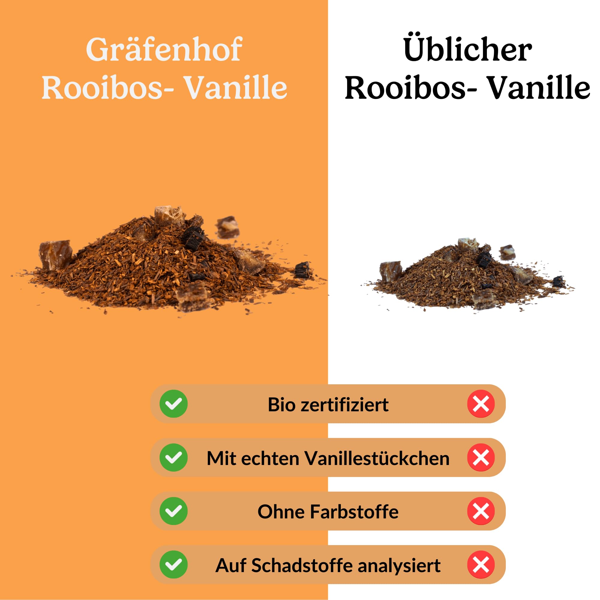 Rooibos Vanille Bio Tee, 100g cremig süß, lose, mit echten Vanilleschoten, zu 100% rein und geprüft, aus kontrolliert biologischem Anbau, ohne Koffein, Premium Gräfenhof Tee