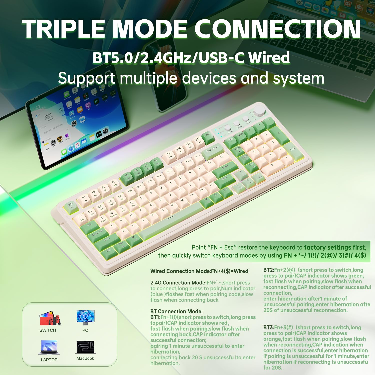 AULA S99 Gaming Keyboard, Wireless Computer Keyboards, Tri-Mode Bluetooth/2.4GHz/USB-C Custom Creamy Keyboard with Number Pad, RGB Backlit Media Knob Cute Programmable Keyboard for PC Gamer - Green - 2