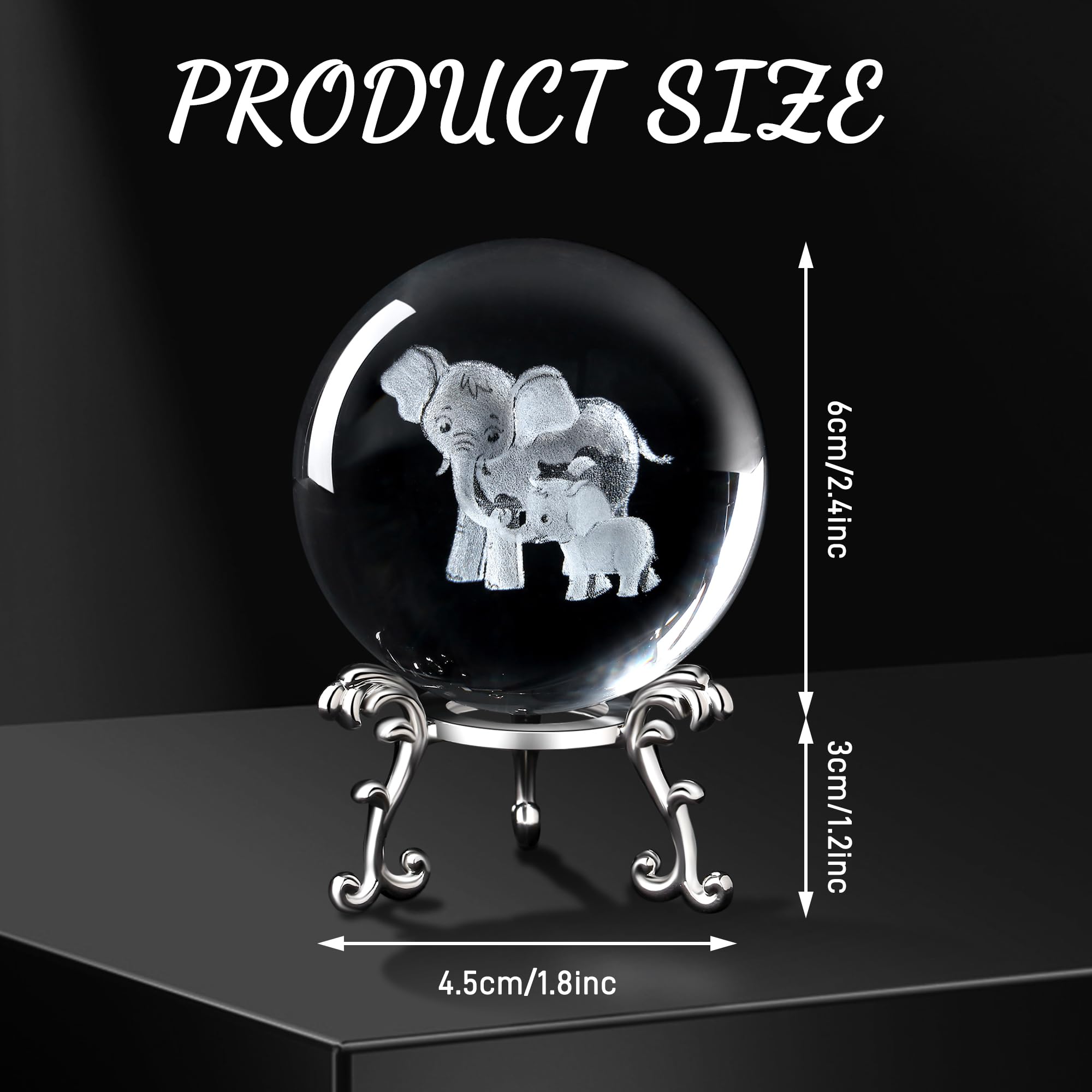 MAIBAOTA Elephant Gifts for Women Mothers Day Birthday Gifts for Mom 3D Crystal Elephant Decor Figurines 60mm Glass Laser Ball Paperweight with Stand Glass Sphere