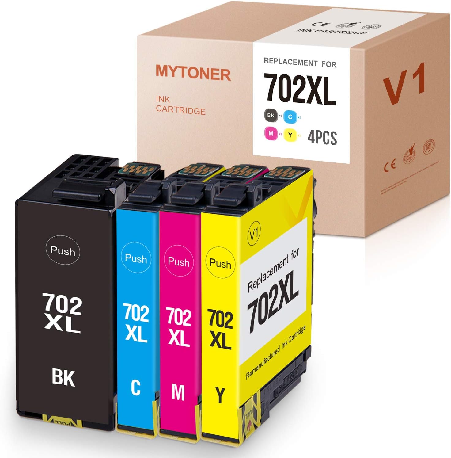 MYTONER V1 Remanufactured Ink Cartridge Replacement for Epson 702XL 702 XL T702 for Workforce Pro WF-3720 WF-3730 WF-3720DWF WF-3733 (1 Black, 1 Cyan, 1 Magenta, 1 Yellow, 4-Pack)