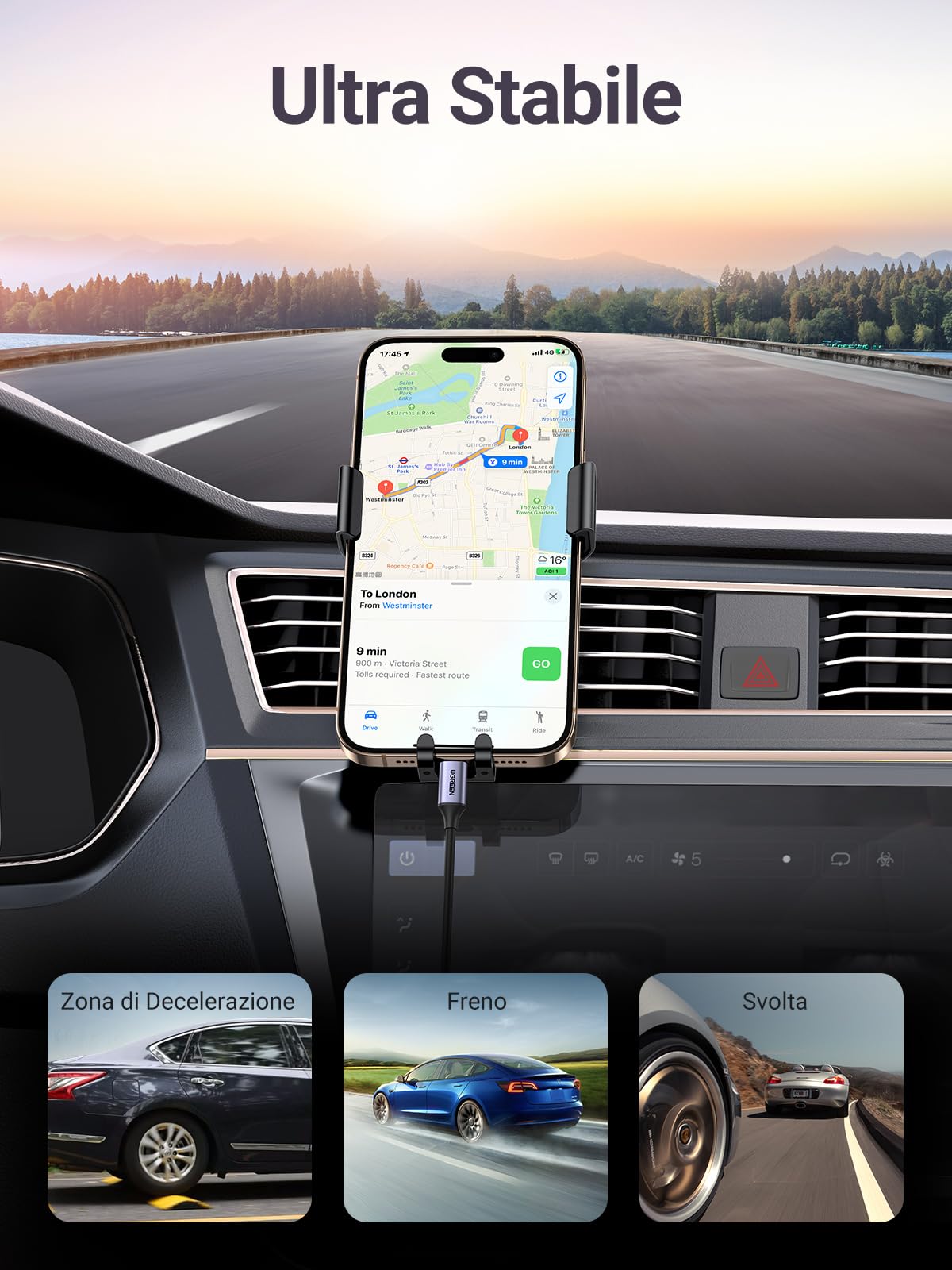 UGREEN Supporto Telefono Auto Gravità in Alluminio, Porta Cellulare Macchina per Bocchette d'Aria, Compatibile con iPhone 17 Pro Max Air/16/15/14; Galaxy S25/S24; google pixel 10/9/8, Grigio
