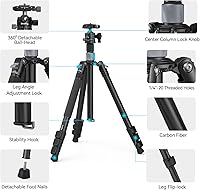Vista 4 de SmallRig Trípode de fibra de carbono de 62.2 pulgadas con columna central, trípodes ligeros de viaje y monopie desmontable, cabeza de bola de 360°