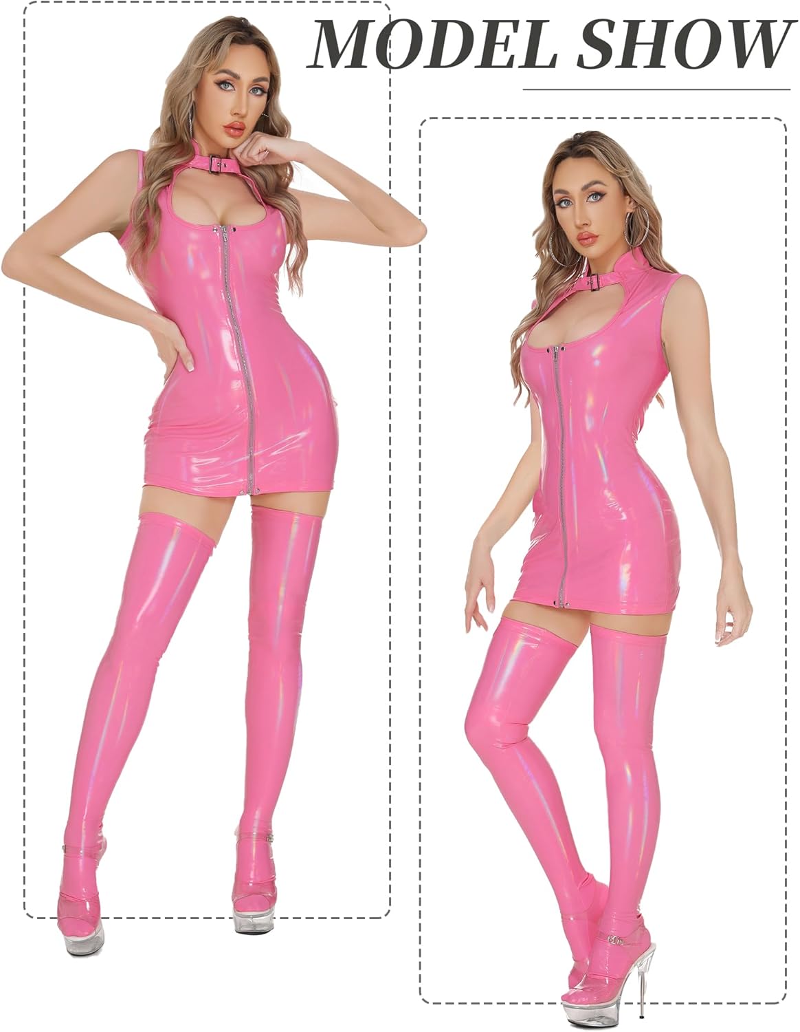 FEOYA Faux Leather Dress for Women Metallic Bodycon Dresses Patent Leather Mini Dress Cosplay Party Club PVC Dresses - Image 5