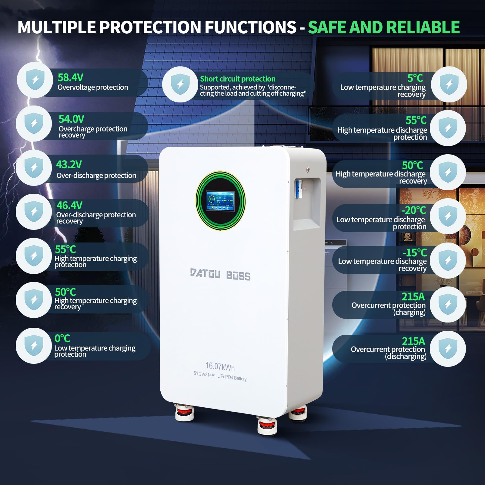 DATOUBOSS Batterie Lithium 48V 314Ah LiFePO4,200A BMS,8000+Cycles Profonds,Max 16,07KWh,Prend en Charge la Connexion parallèle,Une Grande capacité de Batterie et Une Large Gamme d'applications