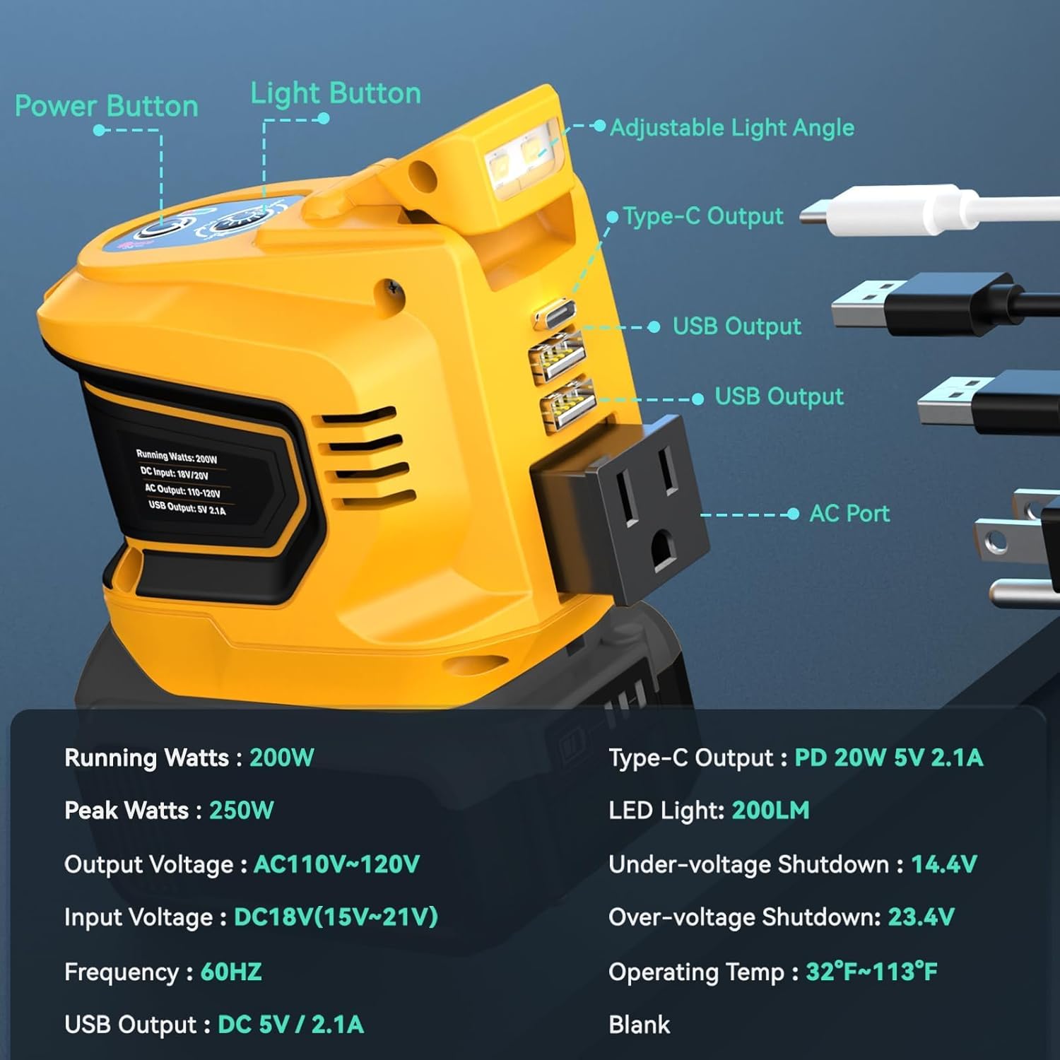 Portable Power Inverter Compatible with DeWALT 20V,Ecarke Real 200W Outdoor Generators with 2 USB&Type-C&AC,DC 20V to AC 110V Portable Power Station, Charger Adapter Battery Powered Outlet(no battery) - Image 7