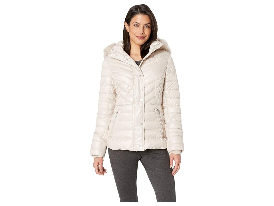 

Kenneth Cole New York Faux Fur Trimmed Short Puffer (Bone) Women's Coat