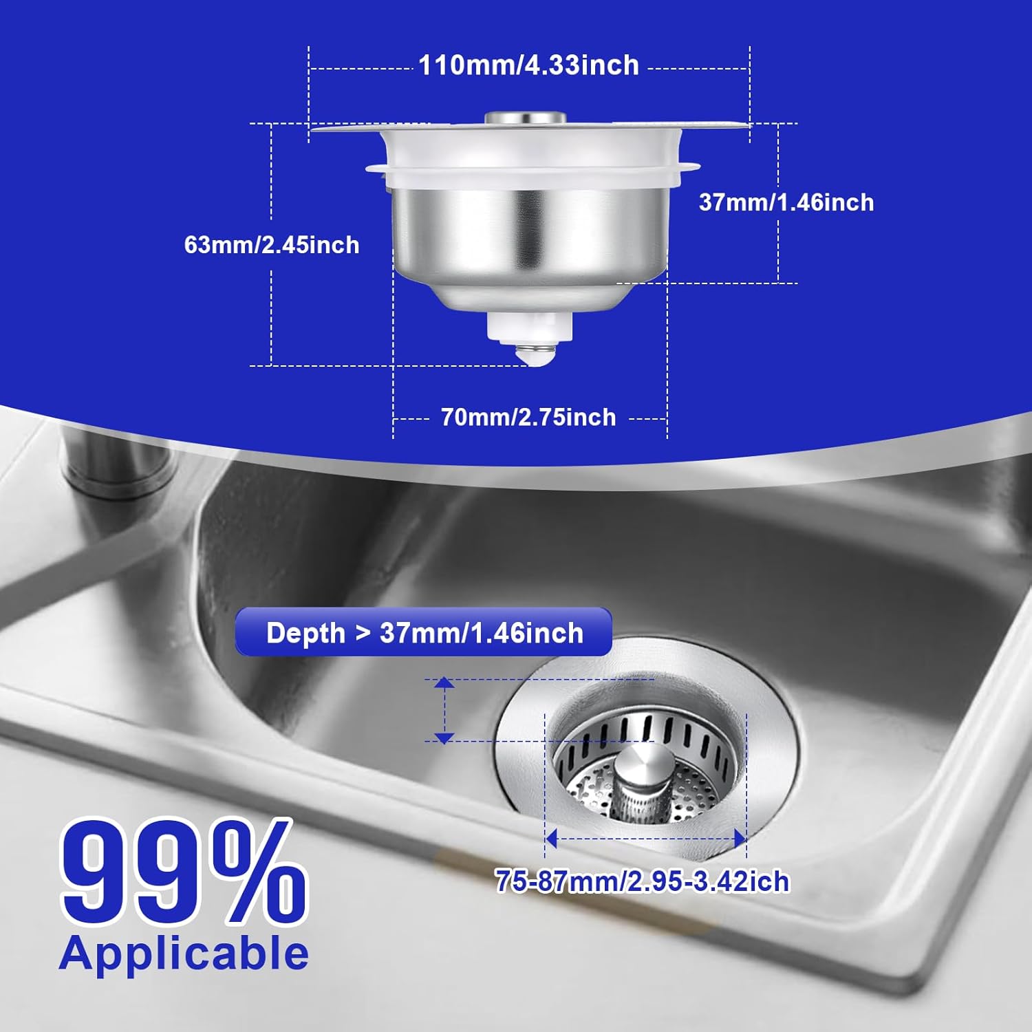Sink Drain Strainer Screen with Spring-Loaded Core, Universal Press-Down Type Leak-Stop Plug for Kitchen Sink Dish Washing Basin Drain Assembly (Stainless Steel)