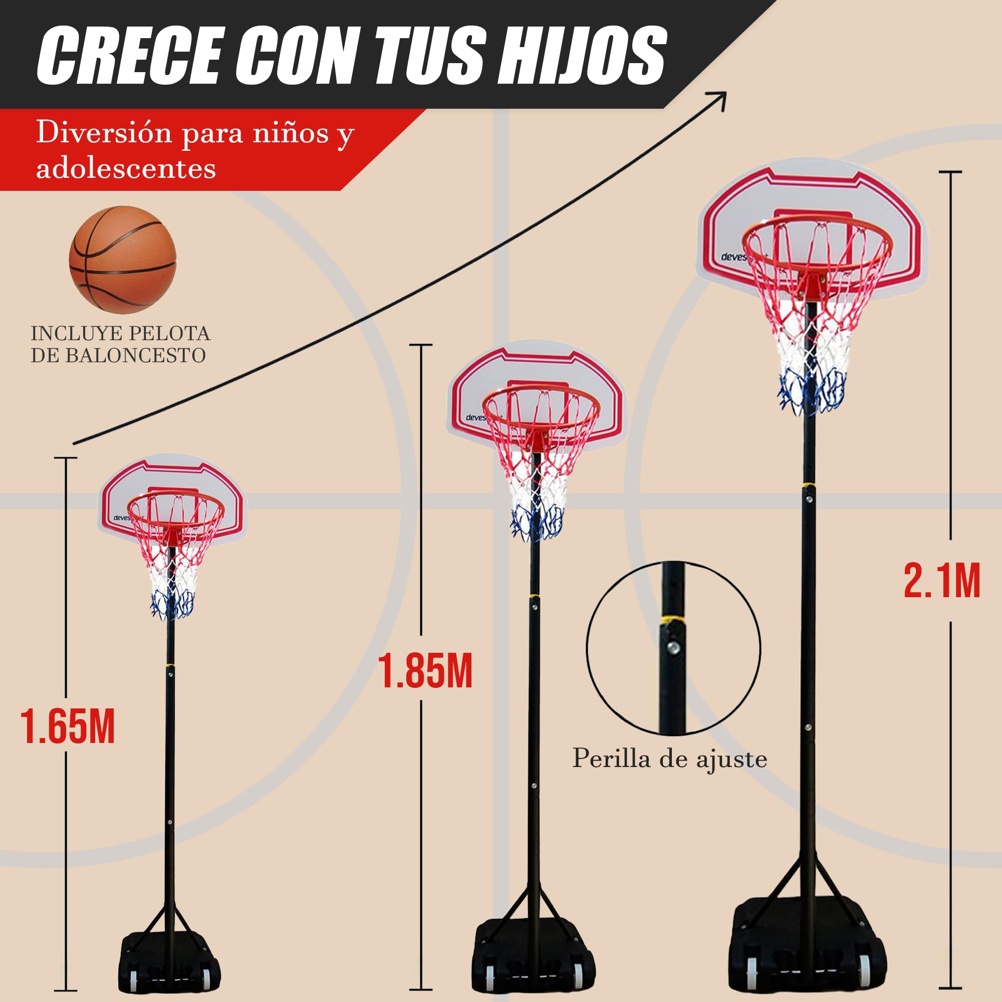 DEVESSPORT Canasta Baloncesto Regulable 165-210 cm | Canasta Baloncesto Adolescentes y Adultos para Exterior | Canasta Ajustable con Base Estable y Aro con Red