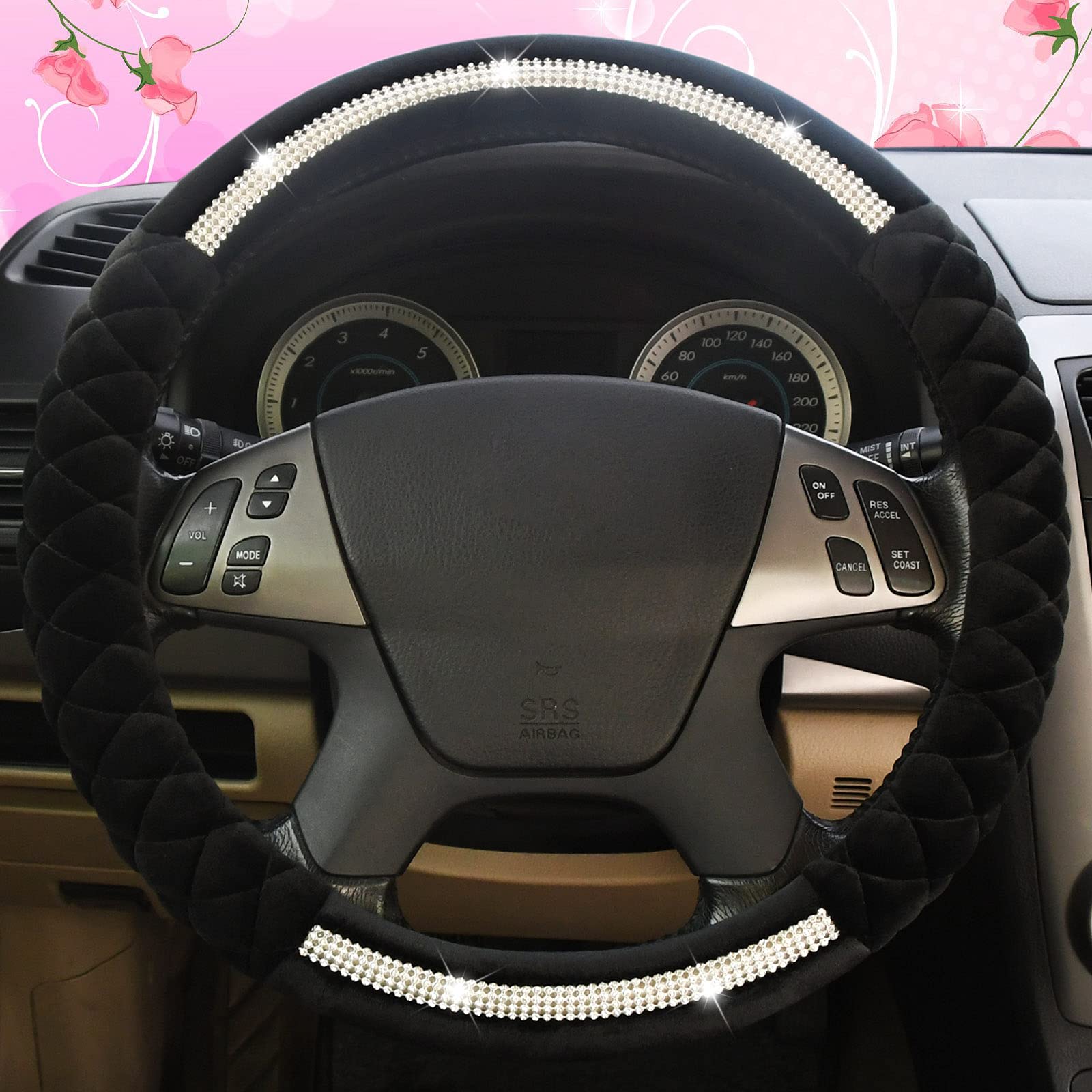 Bling Bling Steering Wheel Cover Universal Luxury Plush Belt Crystal Rhinestone Non-Slip Wheel Protective Cover Women's Girls New 15 inches Black