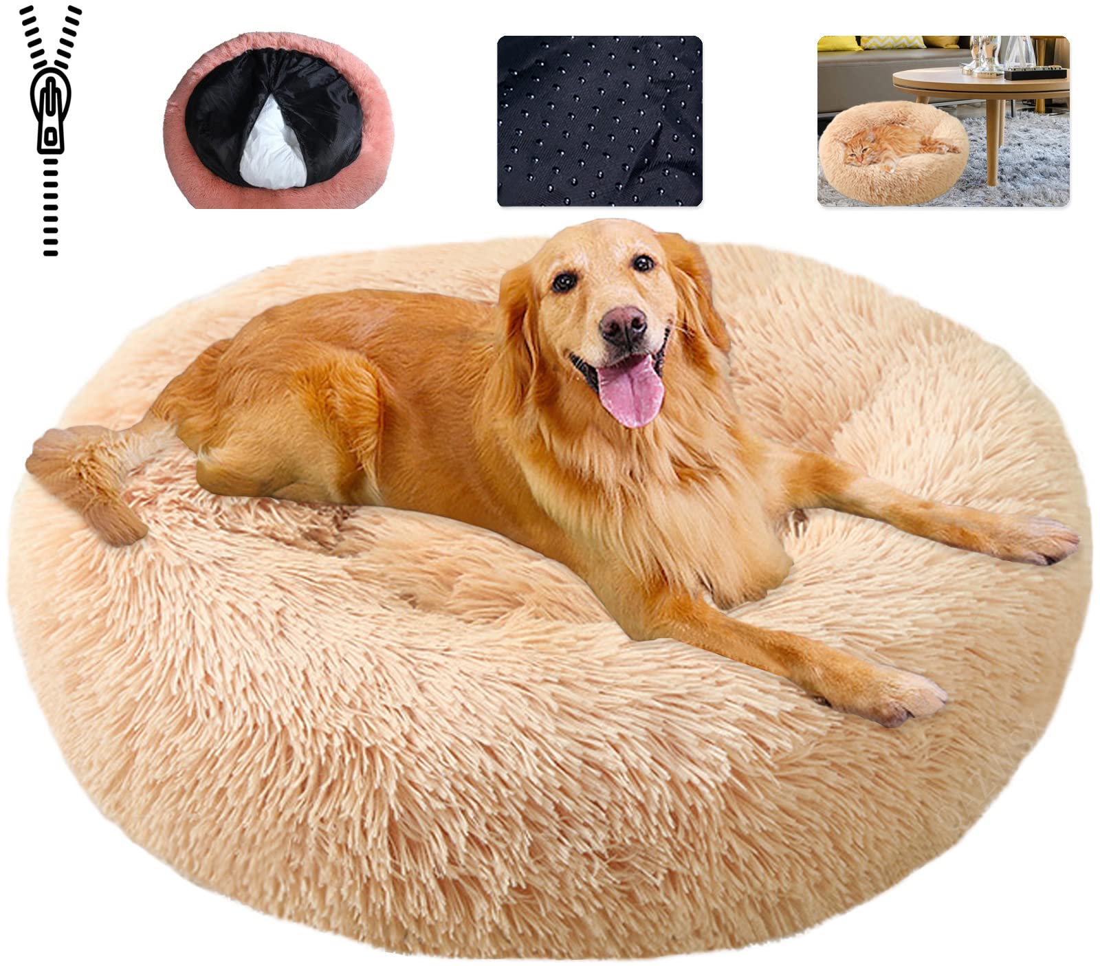 KZhanmy Cama de Gato Perro Redonda Mediano Pequeño, Cama Donut Gato,Suave Antiestres Casa para Perros, Cama para Mascotas Antideslizante Retirable Lavable Duradera,-Beige||XS-40cm/16in