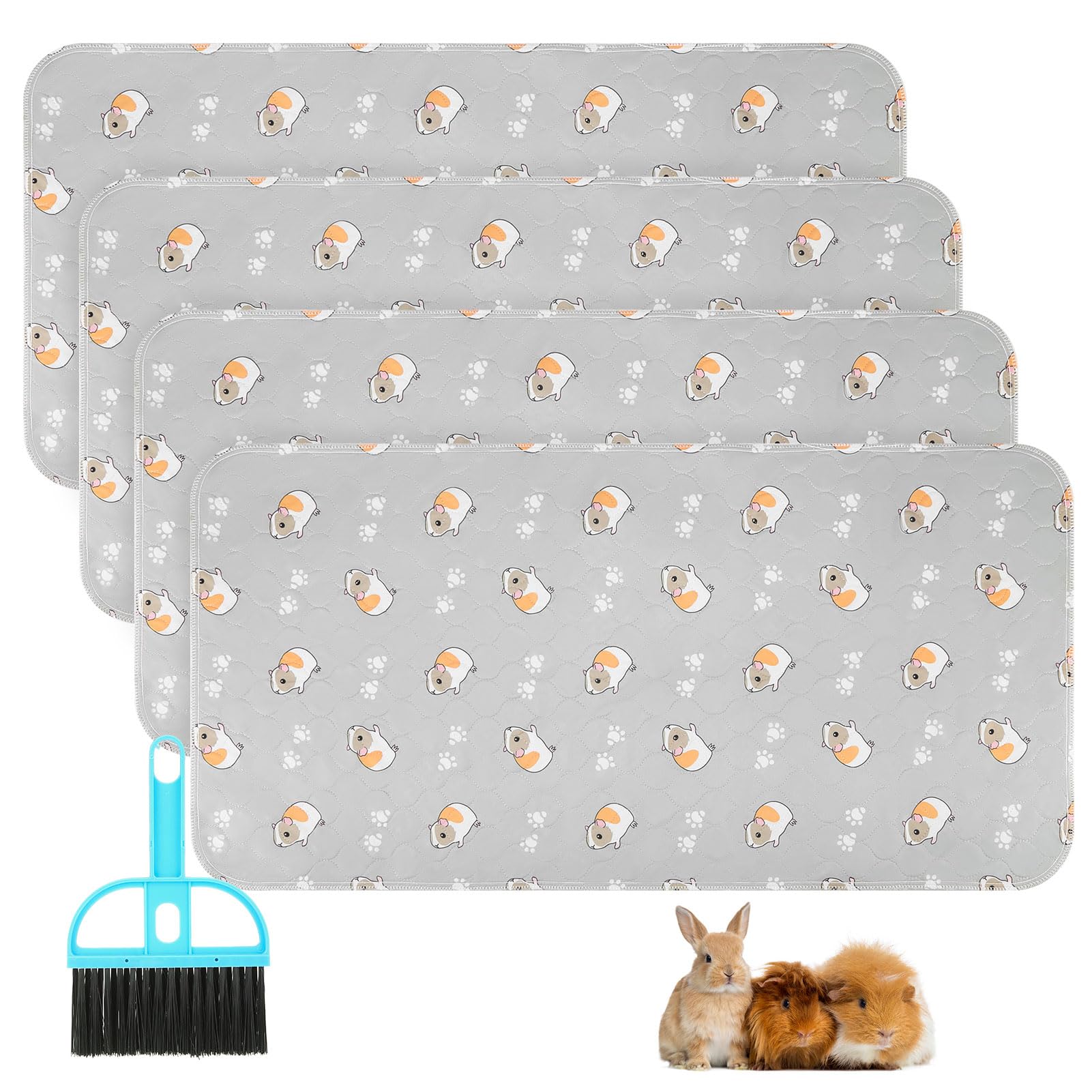 Scenereal Guinea Pig Cage Liner 4 Packs with Cleaning Brush - Fast Water Absorption Reusable Washable Pee Pads, Soft and Comfortable Mat for Small Animals Chinchillas Rabbits Hamster Bunny, 14x27in