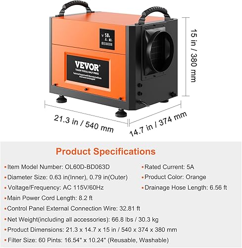 Miniatura 7 de VEVOR Deshumidificador comercial de 125 pintas con manguera de drenaje para espacios de arrastre, sótanos y lugares de trabajo, deshumidificador de