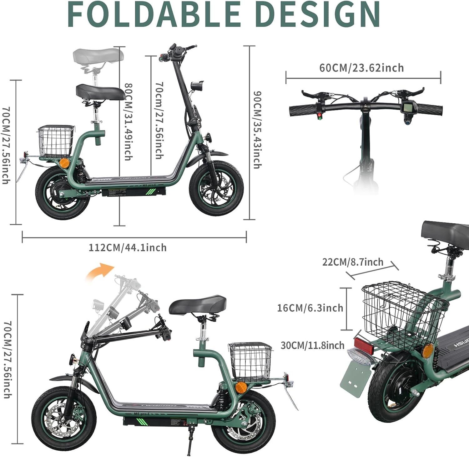 Foldable design and dimensions of the TWOFISH M5-PRO-E Electric Scooter
