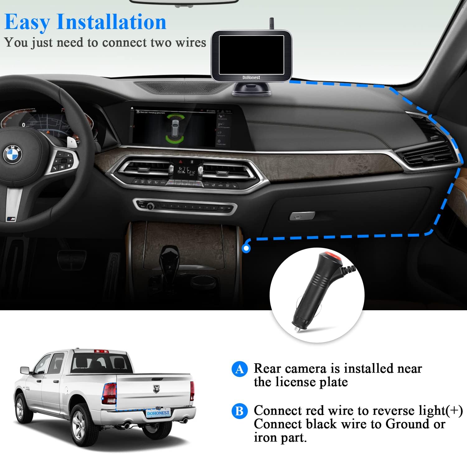 Flash Sale Buy 1 get 1 DoHonest Wireless Backup Camera HD 1080P with 5 Monitor, Night Vision Bluetooth Camera Stable Digital Signal for Pickup Truck Van Camping Car License Plate Hitch Rear View Camera DIY Guidelines-V11