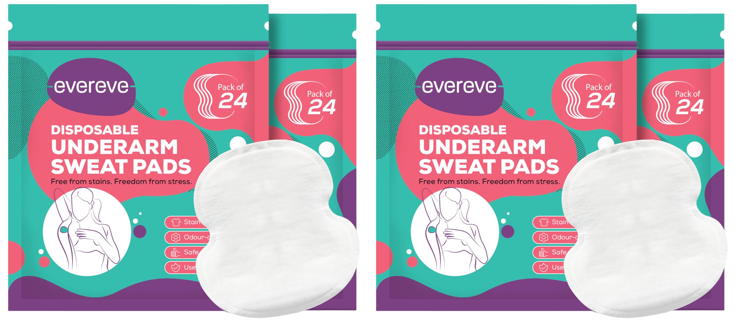 Evereve Disposable Underarm Sweat Pads (24 Pads) for Women & Men, Folded, Sweat Absorbent, Stain Proof, with Anti-Bacterial technology, Odour Control, Skin Friendly, Safe on Fabrics (Pack of 2)