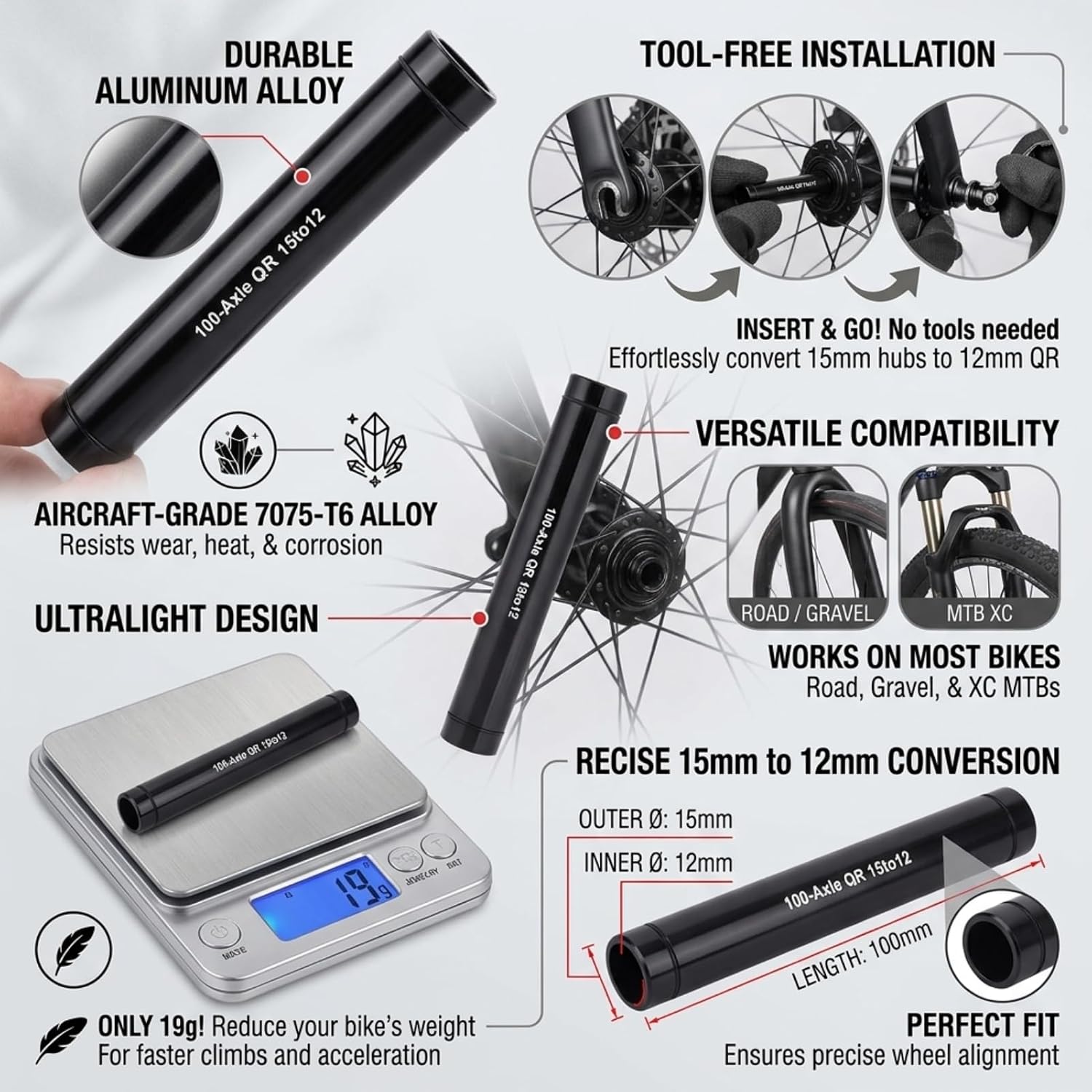 15mm to 12mm Thru axle Adapter, 15mm to 12mm Front Axle Adapter, Quick Release Wheel Fork Axle, Aluminium Alloy Skewer Adapter, 1 Pack(Black)