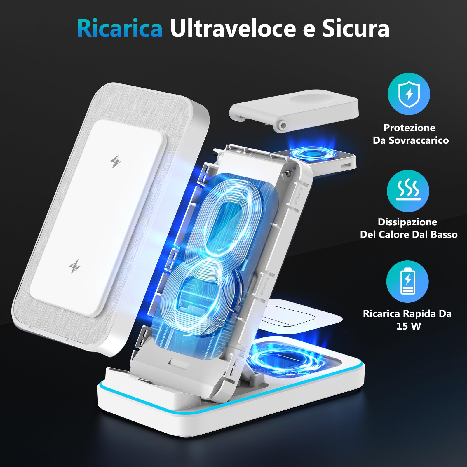 Stazione di Ricarica Wireless 3 in 1, Caricatore Pieghevole Wireless con Adattatore, Stand di Ricarica Multipla 15W Max per iPhone/Samsung/Apple Watch/Apple Earphones (Bianco)