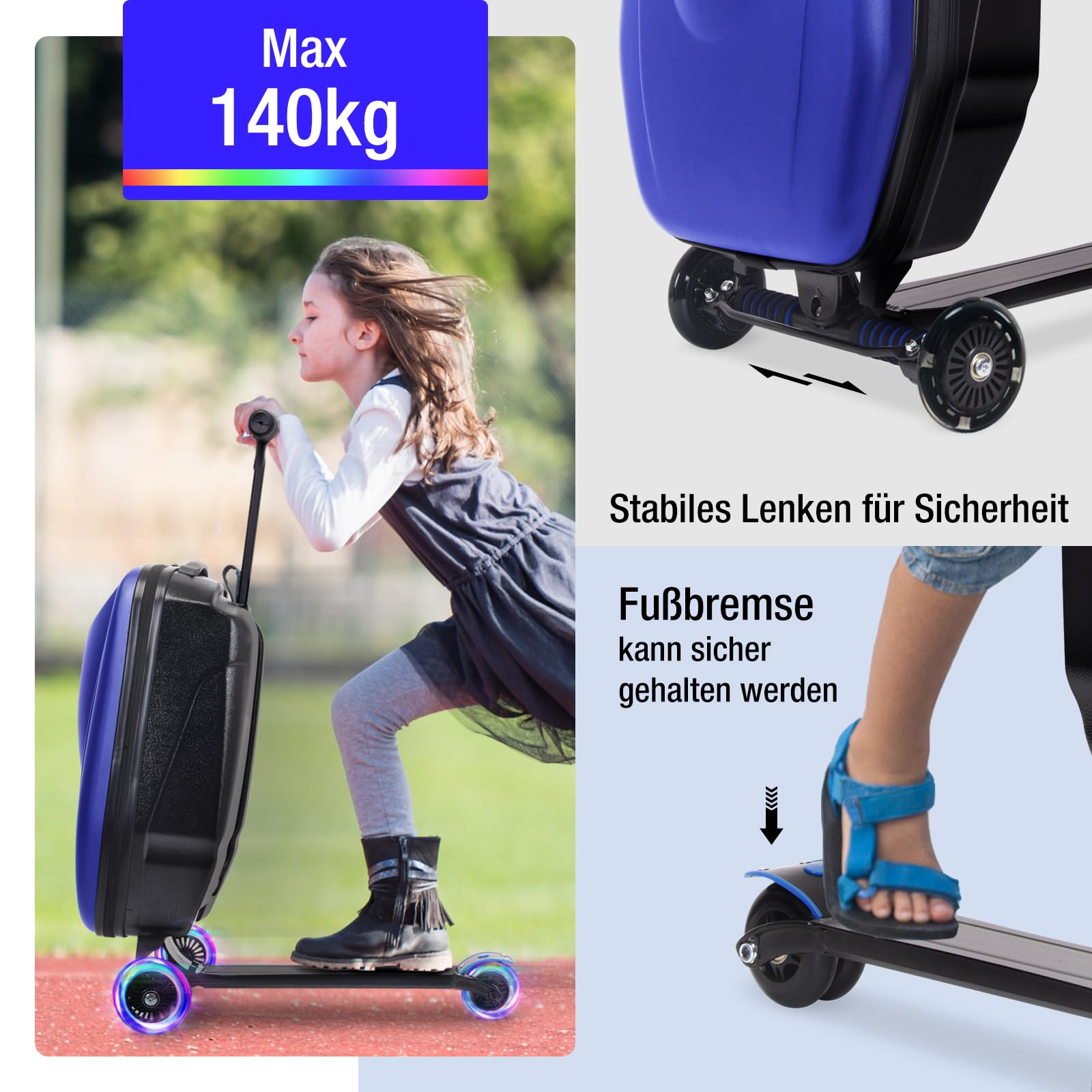 Icoget Maleta para patinete infantil 2 en 1 de viaje, maleta plegable de mano con 3 ruedas, color azul