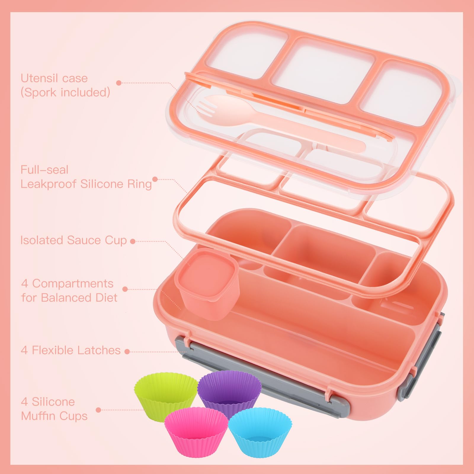 MaMix Bento Box Lunchbox für Erwachsene, Lunchbox, Kinder, inklusive Lunchtasche für Erwachsene/Kinder/Studenten, 1300 ml, 4 Fächer, Bento-Lunchbox (rosa Set)